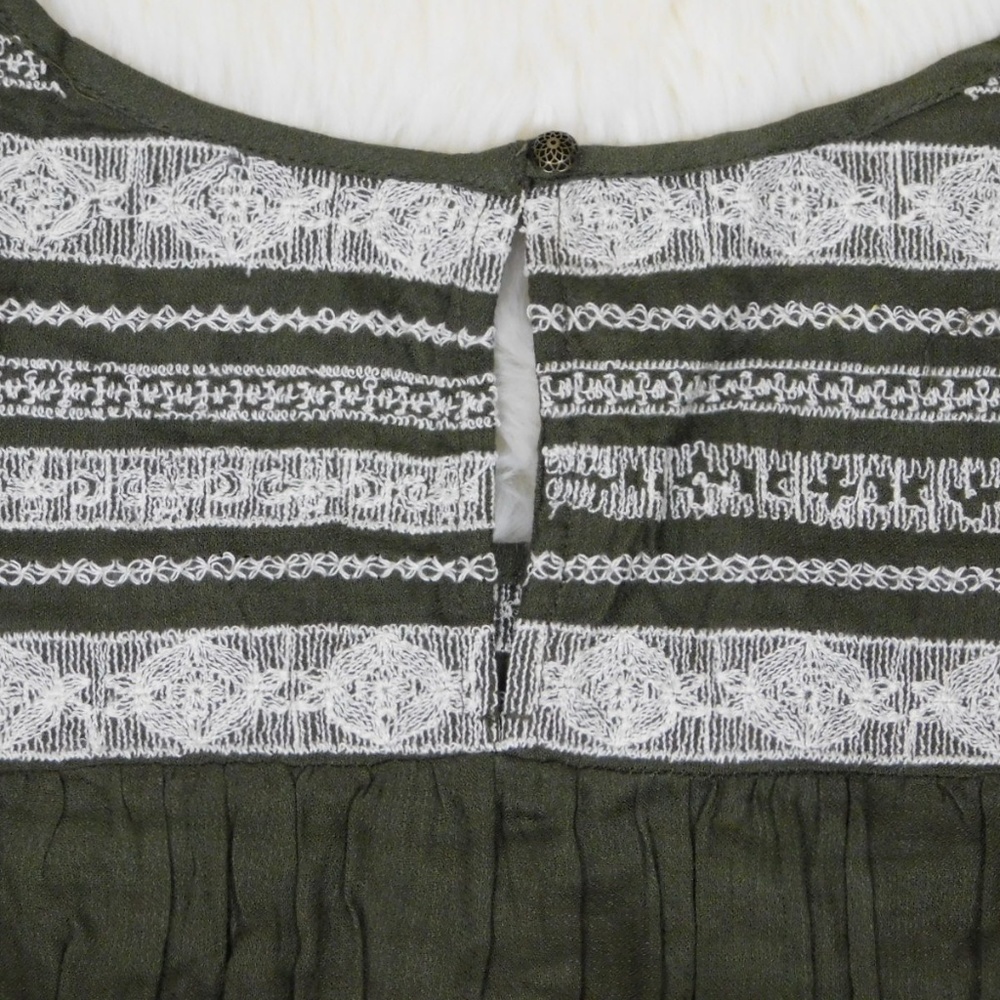 Lucky Brand Woven Beaded Boho Blouse Olive 3/4 Slv - Picture 6 of 8